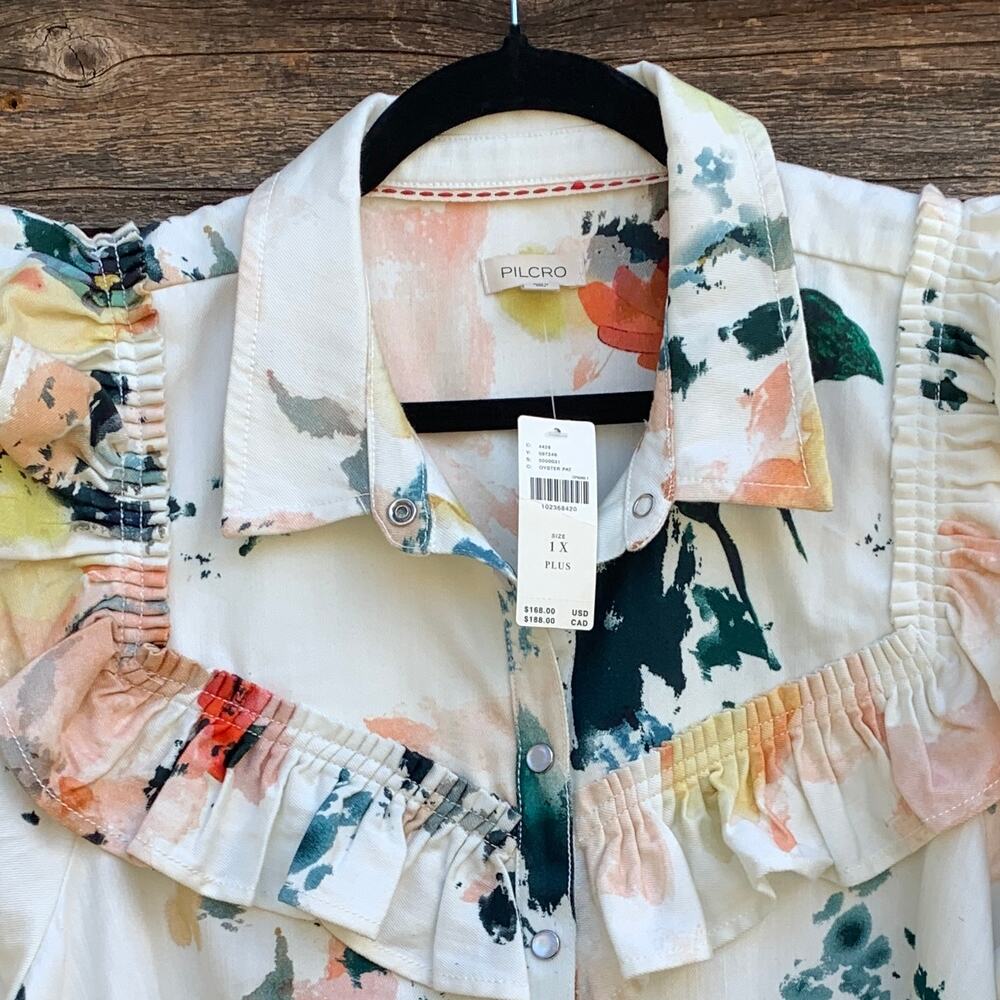NEW Anthropologie Pilcro Shirt Dress Floral LongSleeve Ruffled Mini Size 1X Plus - Picture 3 of 10